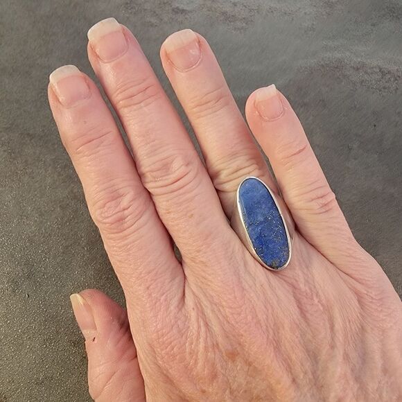 Sterling Contemporary Lapis Thailand Long Oval Statement Ring - Picture 7 of 12